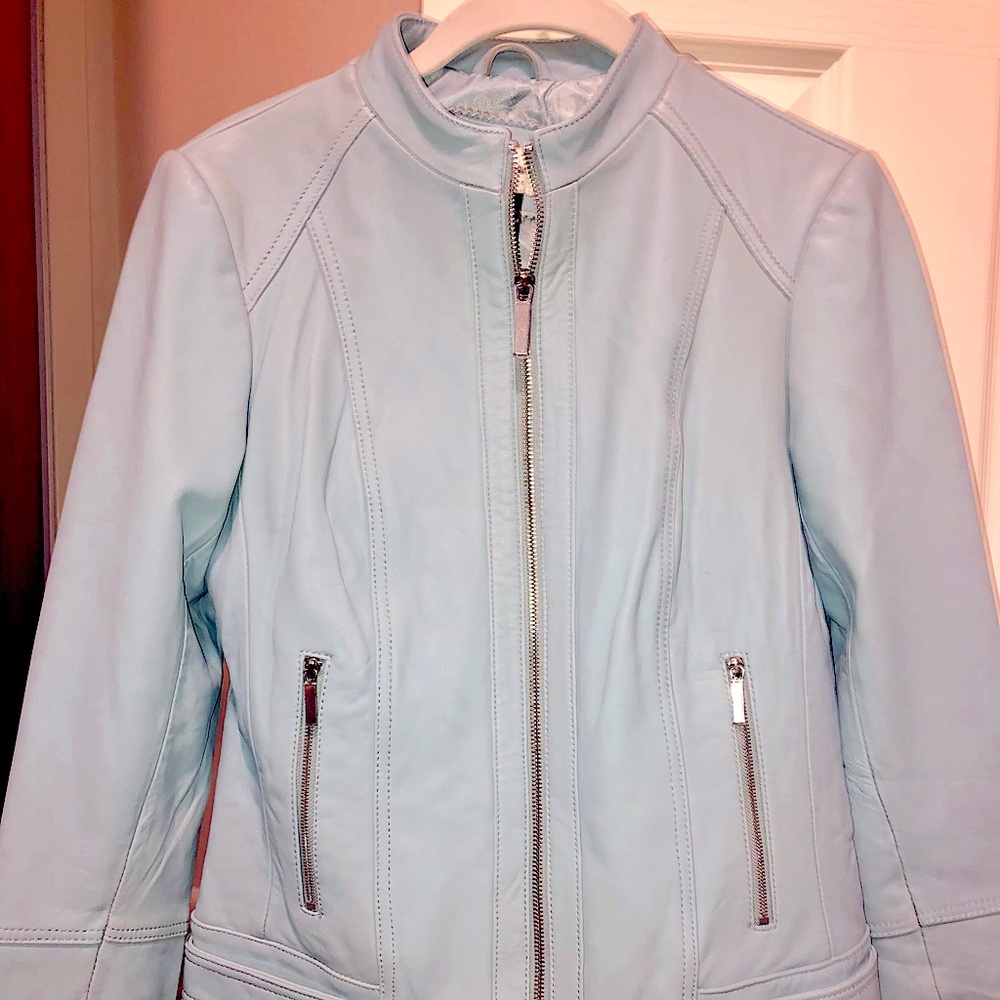 Neiman Marcus light blue leather jacket